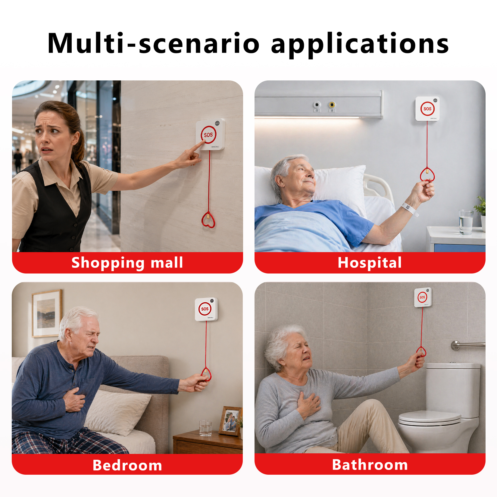 SINGCALL Emergency Strobe Siren Waterproof Pull Cord Panic Alarm System Safety Call Button for Home Factory Hospital Shop Caregiver Alert Pager for Seniors Disabled Patient 2 SOS Call Buttons